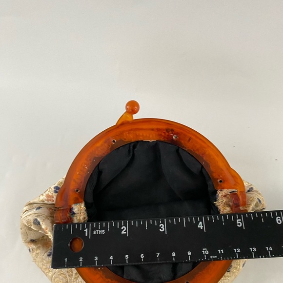 Japanese Kimono Dress Clutch Bag Vtg Green Flowers Tortoise Shell Handle - Picture 8 of 9